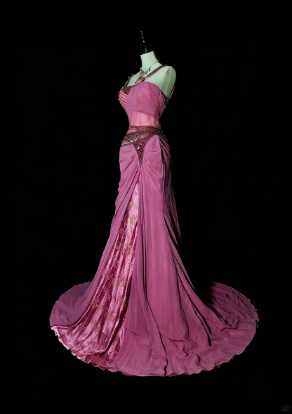 Vintage Meerjungfrauen-Abendkleid aus den 1960er Jahren mit herzförmigem Ausschnitt, Trägern, ärmellos, aus rosa Satin, N1597