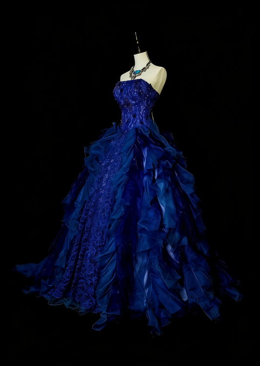 Vintage Ball Gown Strapless Royal Blue Tulle Lace Sweet 16 Dresses Quinceanera Dress Long 15 Vestidos De Fiesta N1482