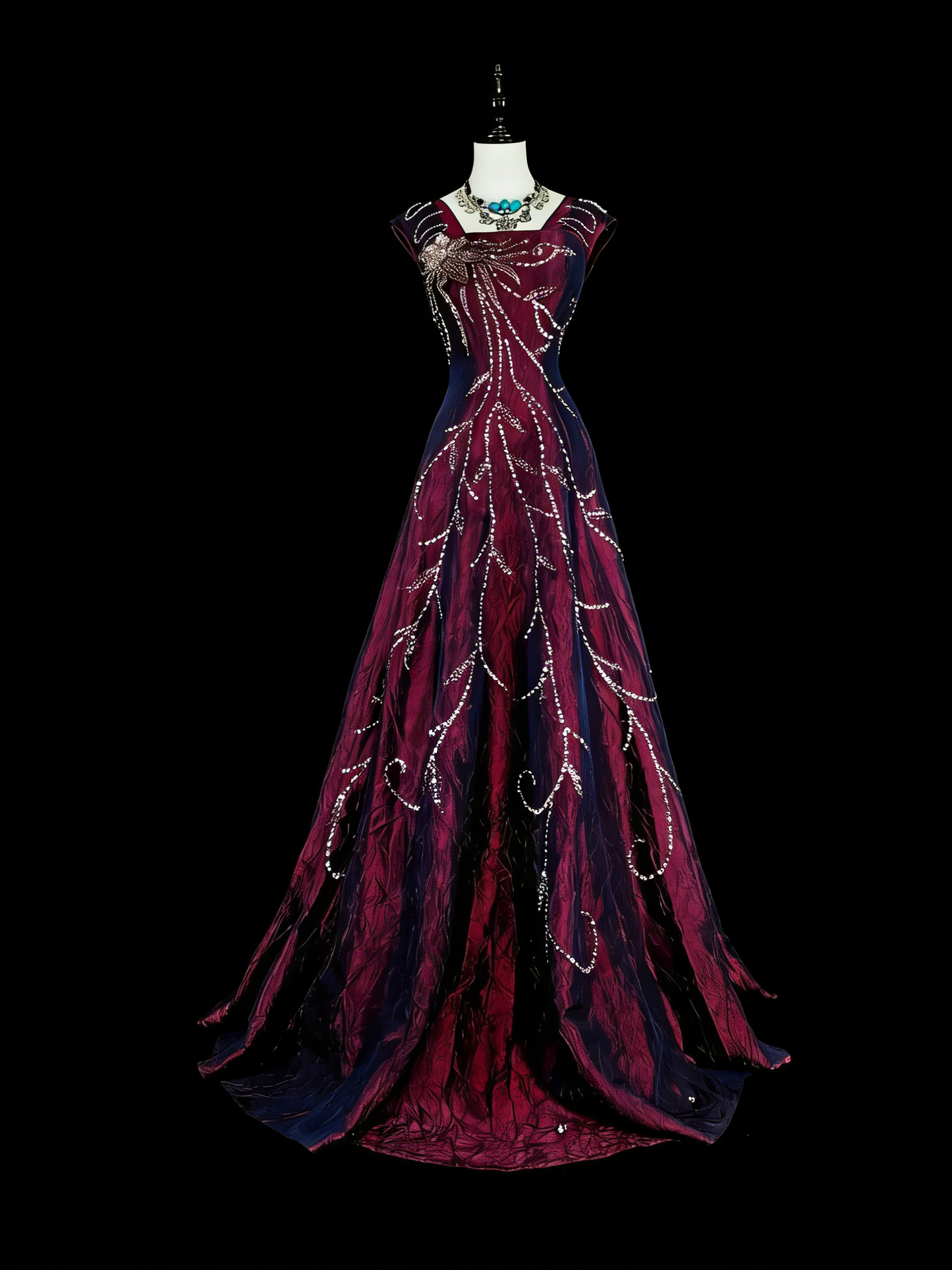 Vintage Ballkleider A-Linie, eckiger Ausschnitt, Lila mit Perlenstickerei, 1970er Jahre, langes Abendkleid N2700