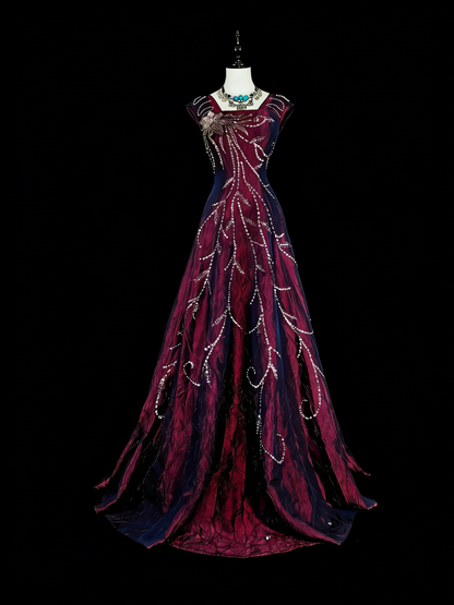 Vintage Ballkleider A-Linie, eckiger Ausschnitt, Lila mit Perlenstickerei, 1970er Jahre, langes Abendkleid N2700