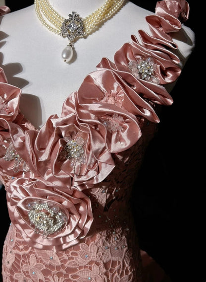 Vintage Prom Dresses Mermaid V Neck Pink Lace With 3d Flowers 1950s Long Formal Gown N2594