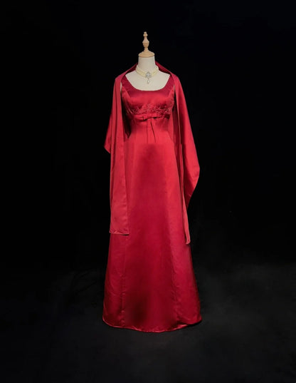 Vintage Abschlussballkleider Inspo A-Linie, eckiger Ausschnitt, roter Satin, 80er Jahre, lange Ballkleider mit Umhang N2857