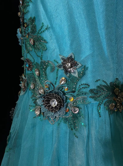Vintage Prom Dresses Inspo Mermaid Straps Tulle Blue Long 1990s With Lace Appliqued Formal Gowns N3360