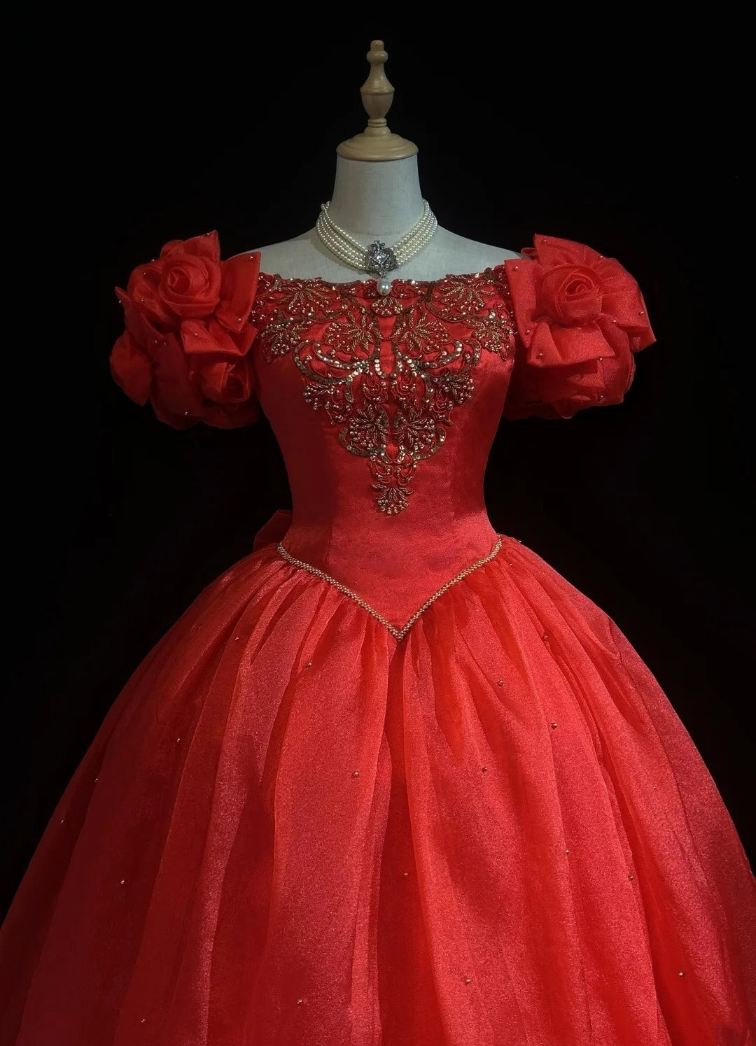 Vintage Prom Dresses Ball Gown Square Neck Red Organza Long 70s Beads Formal Gown N2606