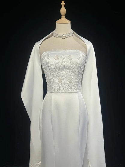 Vintage 90er Brautkleider Meerjungfrau Trägerlos Satin Weiß Perlen Sommer Garten Langes Brautkleid N3823