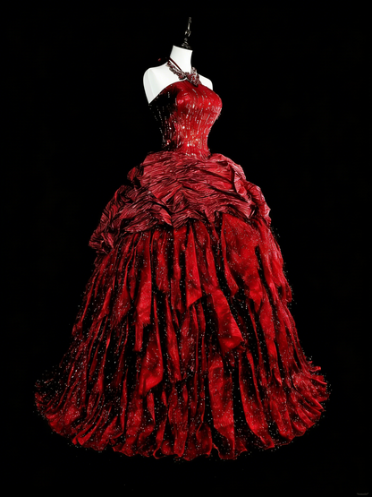 Robes de bal modestes en taffetas bordeaux avec encolure licou et volants, longue robe de quinceañera N3067