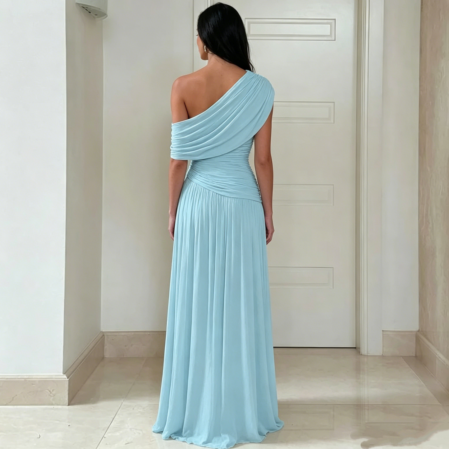 Cocktailkleid für Damen, Etuikleid mit One-Shoulder-Ausschnitt, plissiert und gerafft, hellblau, lang, für Abschlussfeiern, Ballkleider AB1872