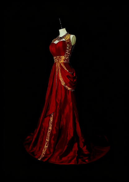 Robe de bal de fin d'année bordeaux, coupe trapèze, sans manches, ornée d'appliqués dorés, référence N1369