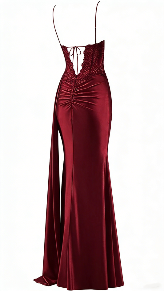Modest Mermaid Spaghetti Straps Burgundy Slit Lace Prom Dresses Long Party Dress Birthday Outfit Teenagers Graduation Dress RB1168