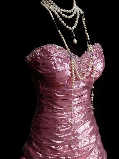Robe de bal longue rose sirène vintage sans manches, style années 80, référence N1443