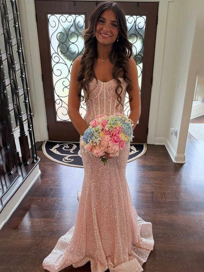 Shiny Blush Pink Sequins Mermaid Spaghetti Straps Long Beaded Prom Dress Party Gowns RB1672