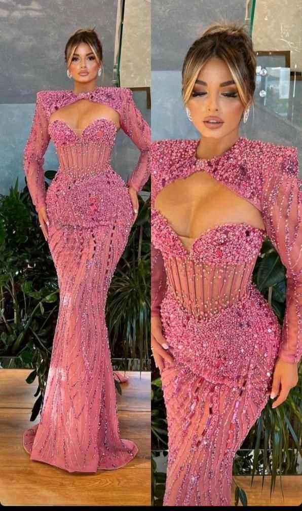 Elegantes Meerjungfrauen-Abendkleid mit rosa Pailletten und Herzausschnitt – Inspiration für formelle Anlässe und lange Ballkleider AB1742