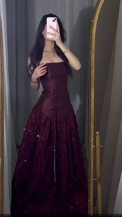 Elegantes, trägerloses, nachtblaues, langes Ballkleid aus Satin, nachtblaues Abendkleid N1863