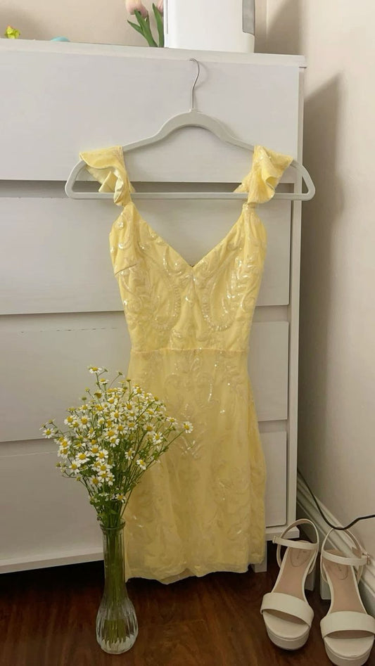 Sparkly A line Sequin Homecoming Dress Yellow Straps Glam Party Outfit Birthday Dresses Cocktail Outfits RB6260