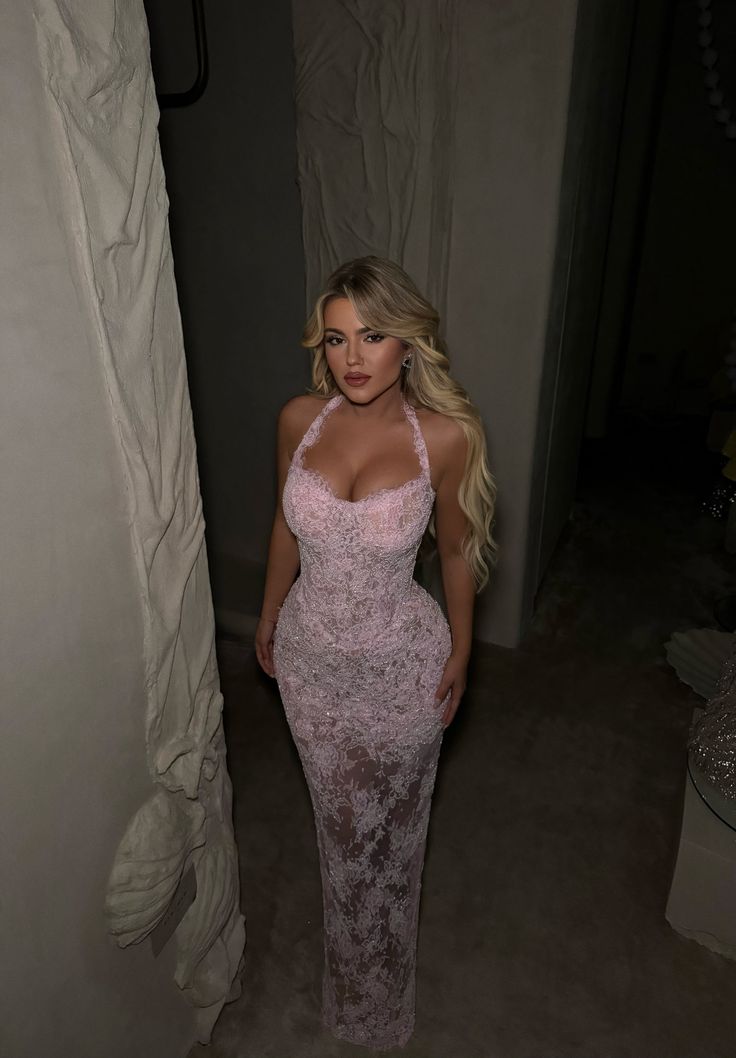 Pink Prom Dress Long Floor Length Mermaid Halter Lace Formal Evening Gown For Women RC0212