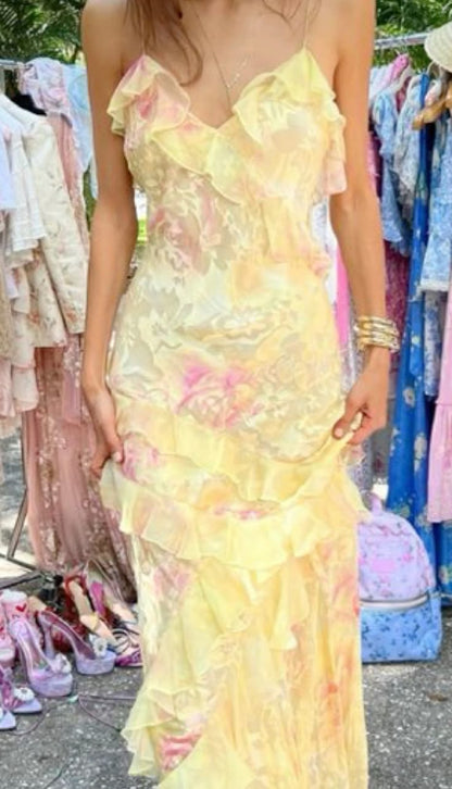 Robe de bal longue sirène unique à fines bretelles en dentelle jaune et mousseline, idéale pour un 21e anniversaire ou une remise de diplôme (N901)