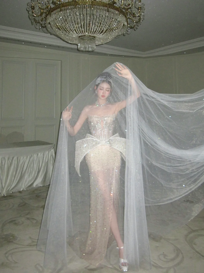 Robe de bal sirène scintillante à décolleté cœur et fente couleur champagne, tenue de soirée longue et esthétique pour la remise des diplômes N079