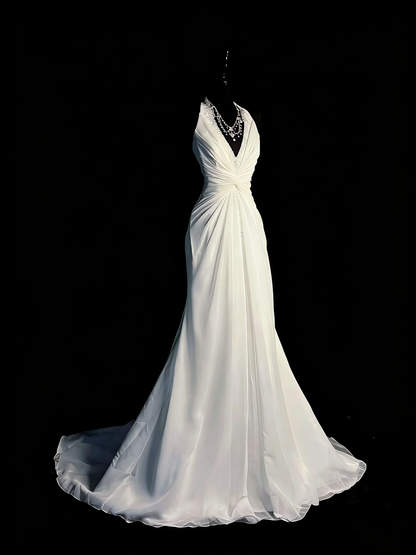 Robe de bal longue en mousseline blanche à col en V, style sirène, pour adolescentes (N1184)