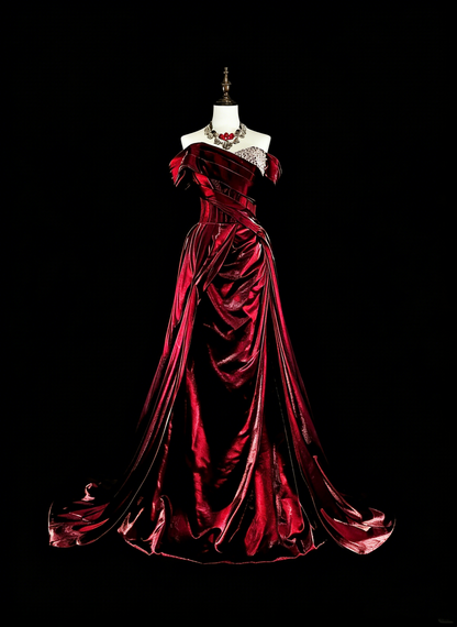 Verträumte Abschlussballkleider Vintage 90er Jahre mit Perlen Meerjungfrau schulterfrei Burgund Satin Lange formelle Outfits N2377