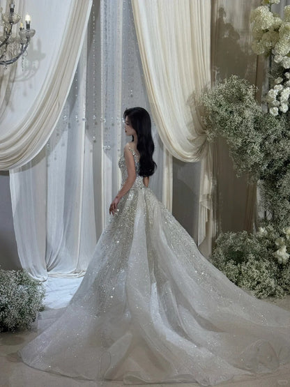 Robe de mariée sirène luxueuse à col rond et cape ornée de sequins, modèle AB2471
