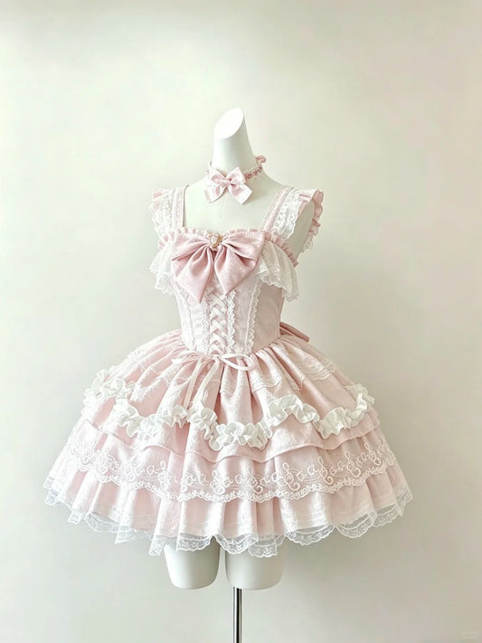 Pretty Ball Gown Square Neck Pink With Bow Tiered Layers Outfit Lolita Dresses Inspo 18th Birthday Homecoming Dress RB4805