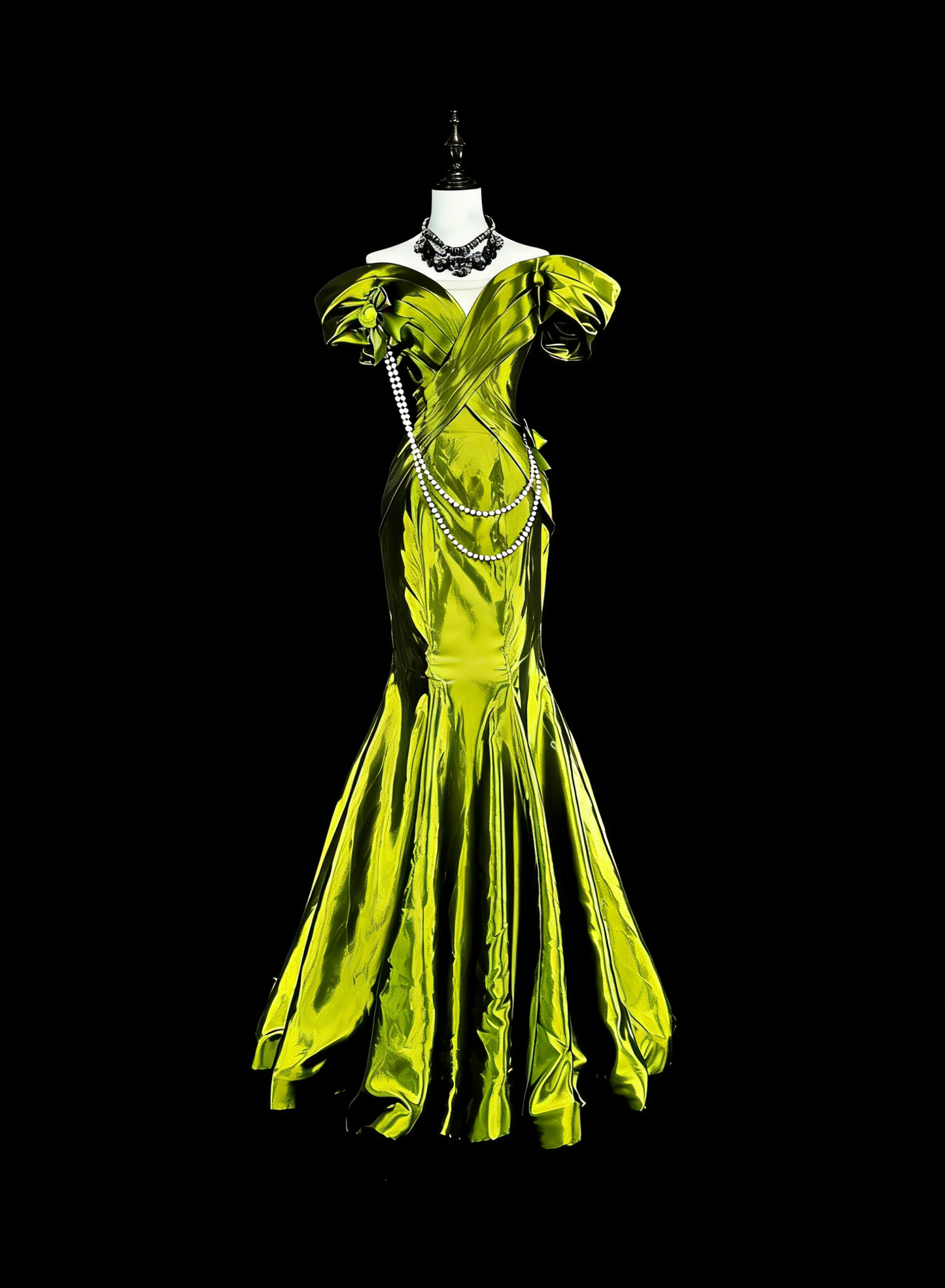 Verträumte Ballkleider Vintage 90er Retro schulterfrei Olivgrün Satin Lange Formelle Outfits N2366