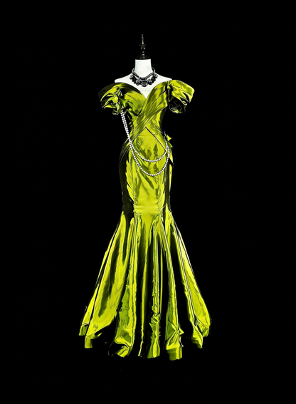 Verträumte Ballkleider Vintage 90er Retro schulterfrei Olivgrün Satin Lange Formelle Outfits N2366