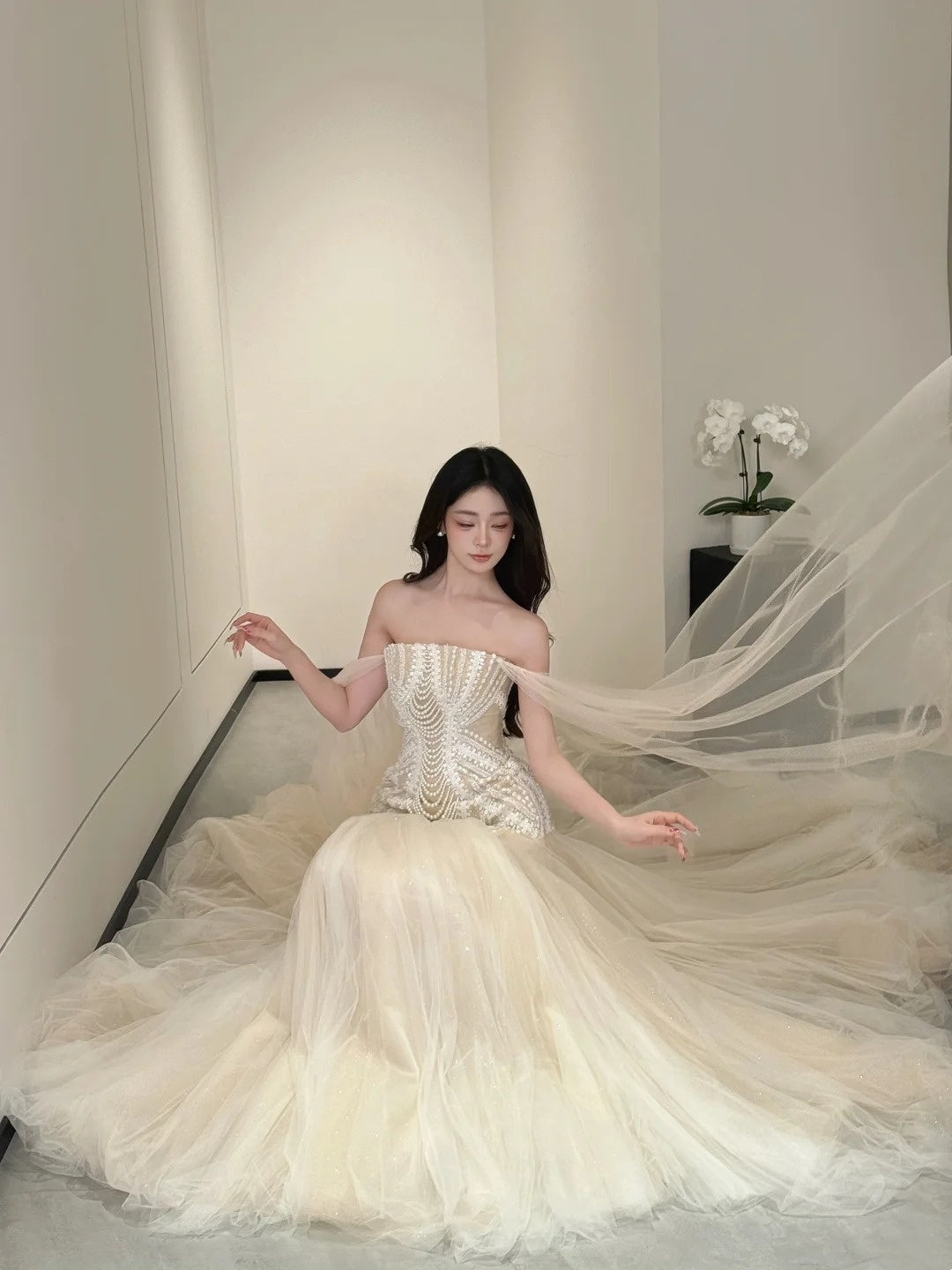 Robe de mariée sirène luxueuse à épaules dénudées avec cape, robe longue de mariée ajustée pour les mariées AB2472