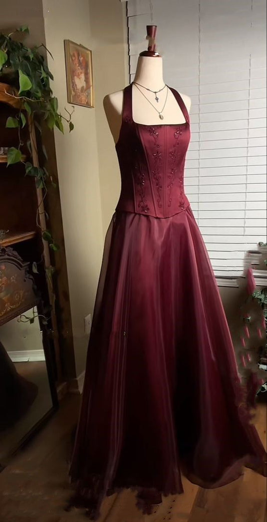 Elegante Abschlussballkleider für Teenager: Inspiration für die High School, A-Linie, Neckholder, burgunderrot, halbformell, lang, AB2124