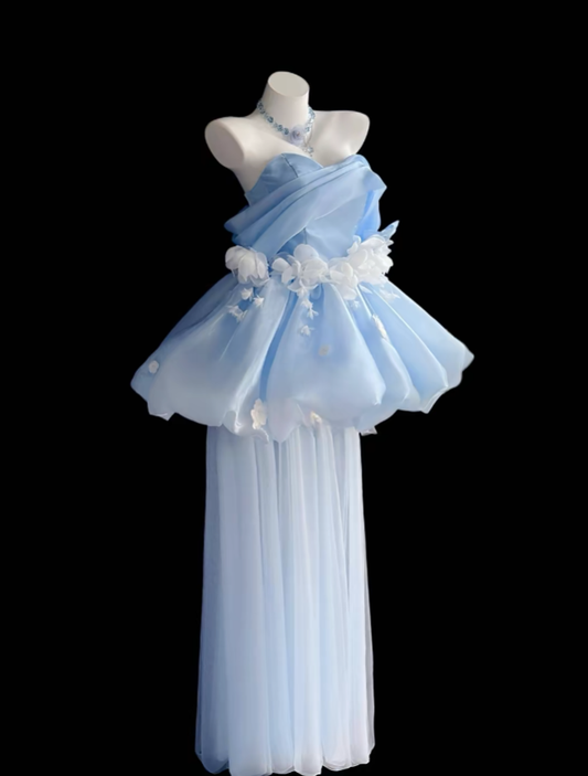 Pretty Ball Gown Off The Shoulder Blue With White Flowers Mini Short Party Homecoming Dress Senior High School Ideas Inspo Short Birthday Outfits RB7324