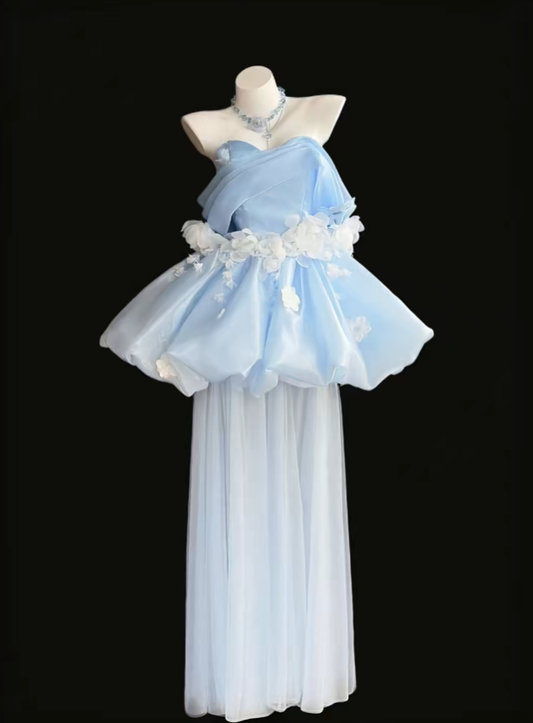 Pretty Ball Gown Off The Shoulder Blue With White Flowers Mini Short Party Homecoming Dress Senior High School Ideas Inspo Short Birthday Outfits RB7324