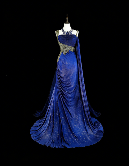 Elegantes, königsblaues Pailletten-Abendkleid mit Perlenstickerei im Meerjungfrauenstil, N1850
