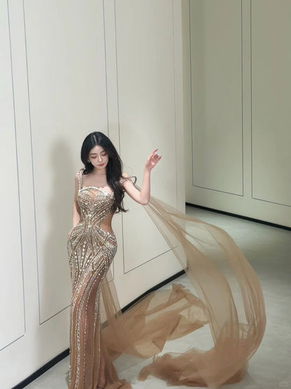 Robe de bal sirène à paillettes et fines bretelles, en tulle champagne, perles argentées, idéale pour un 20e anniversaire (AB2470)