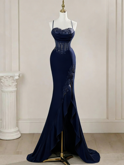 Elegant Mermaid Spaghetti Straps Blue Satin Beaded Pleated Long Prom Dresses Vestidos De Dia AB591