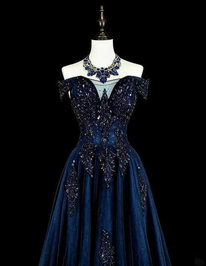 Robe de soirée vintage années 90, coupe trapèze, épaules dénudées, en tulle bleu marine, idéale pour un anniversaire ou un bal de promo (N1752).
