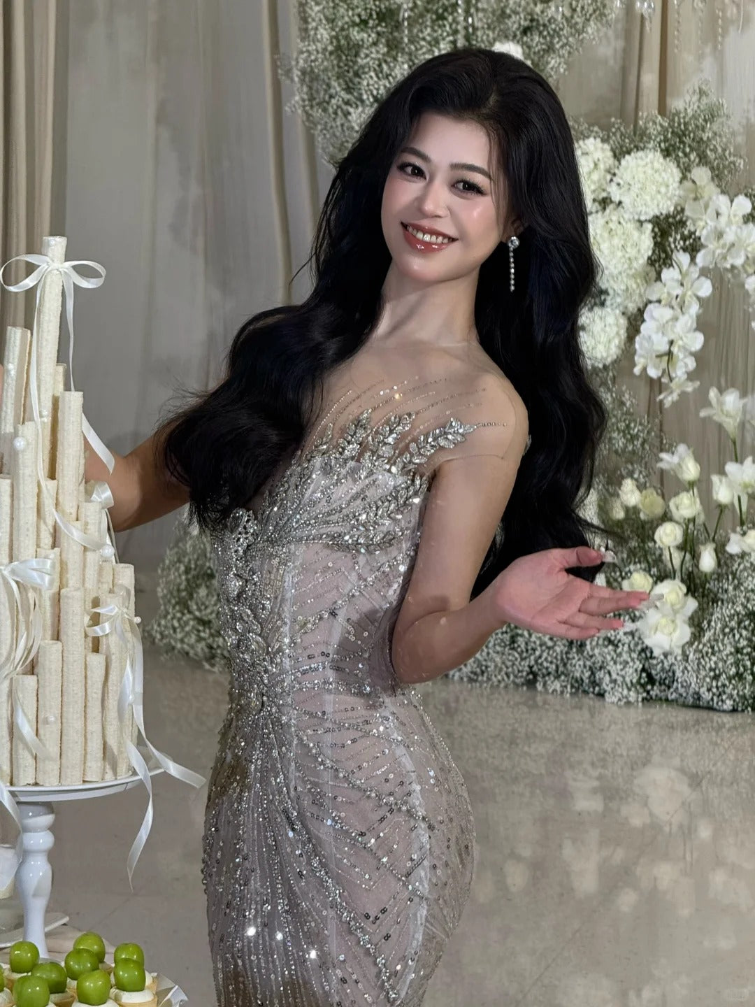 Robe de mariée sirène luxueuse à col rond et cape ornée de sequins, modèle AB2471