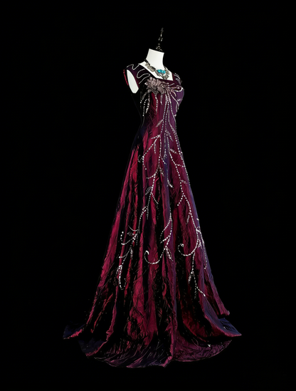 Vintage Ballkleider A-Linie, eckiger Ausschnitt, Lila mit Perlenstickerei, 1970er Jahre, langes Abendkleid N2700