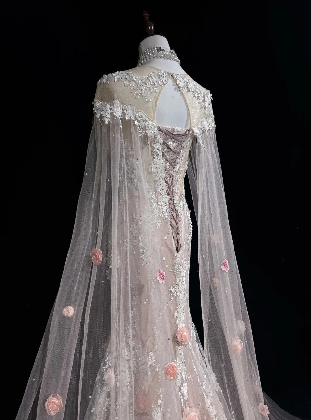 Vintage Prom Dresses Inspo Mermaid Scoop Pink Lace 1990s With Flowers Cape Formal Gowns N3317