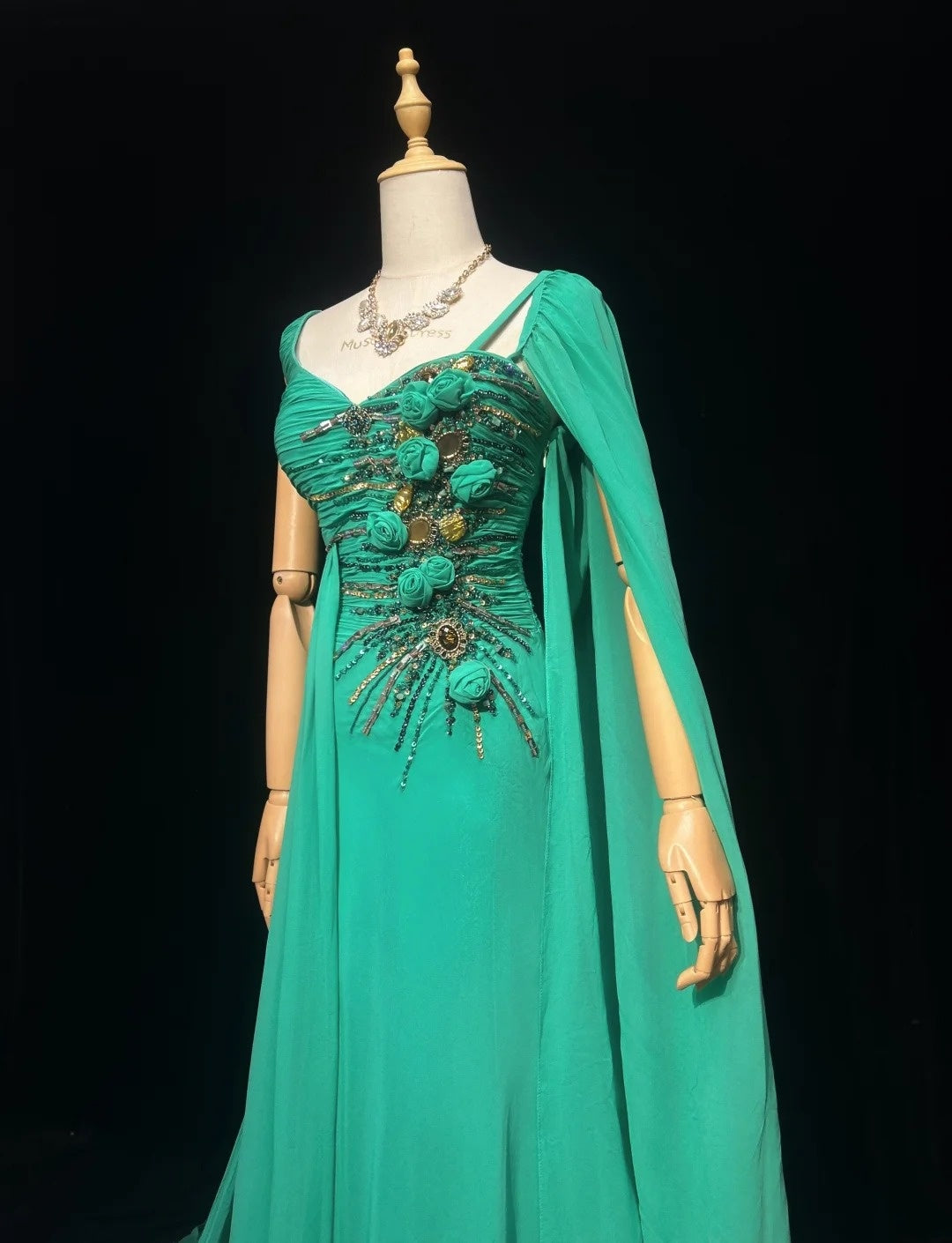 Elegant Mermaid One Shoulder Green Chiffon With Silver Beaded Bodice Formal Dress Long Prom Dresses N2726
