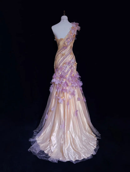 Verträumte 90er Abschlussballkleider Meerjungfrau One-Shoulder Flieder mit 3D-Blumen Formelle Abendgarderobe N3802