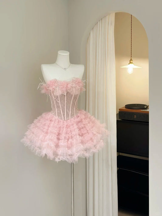 Elegant Ball Gown Strapless Pink With Ruffled Mini Short Cocktail Gown Homecoming Dresses Ideas Hoco Outfit RB4909