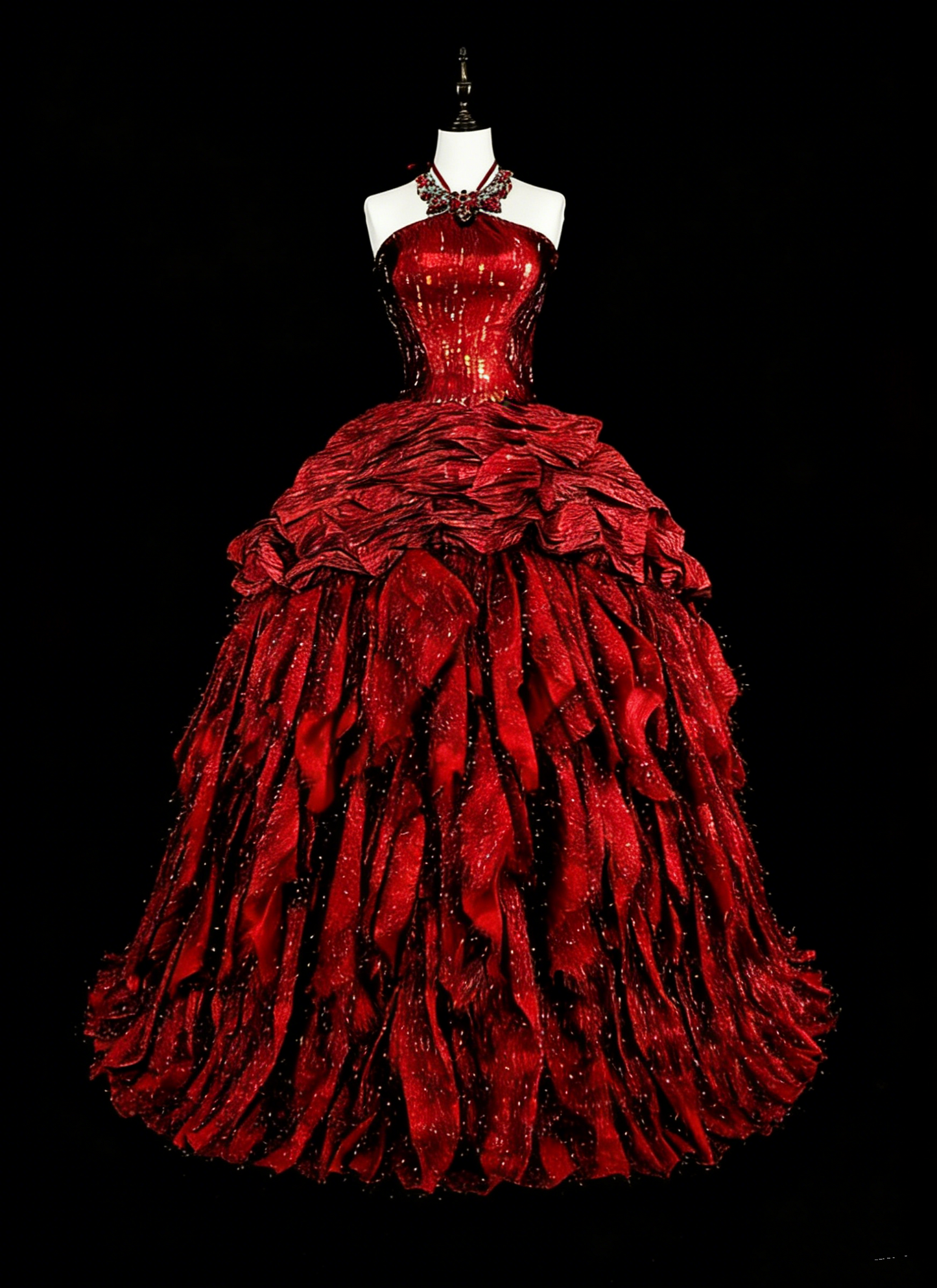 Robes de bal modestes en taffetas bordeaux avec encolure licou et volants, longue robe de quinceañera N3067