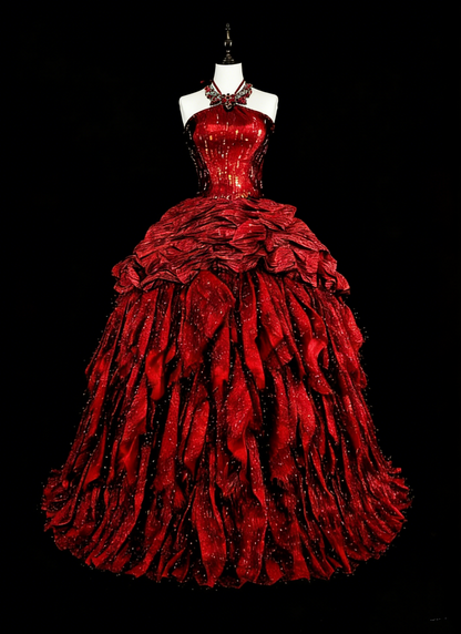 Robes de bal modestes en taffetas bordeaux avec encolure licou et volants, longue robe de quinceañera N3067