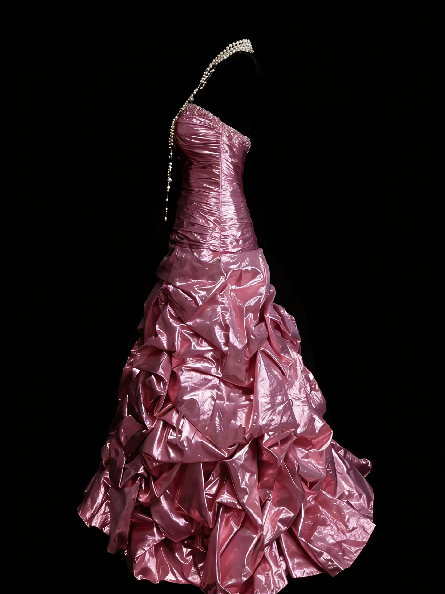Robe de bal longue rose sirène vintage sans manches, style années 80, référence N1443
