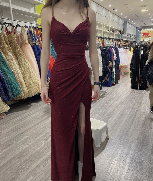 Sparkly Sheath Spaghetti Straps Burgundy Wine Dark Red Sequin Long With Slit Evening Party Gowns Special Formal Dresses Prom Dress AB659