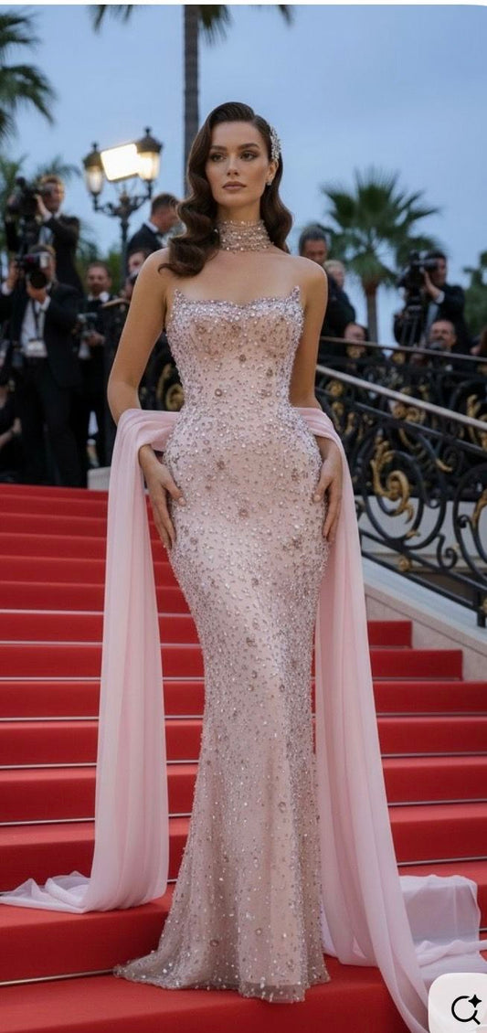 Robe de bal longue sirène rose à sequins sans bretelles, tenue de soirée formelle N999
