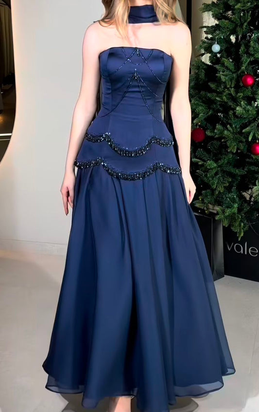 Elegant Formal Prom Dress Floor Length Navy Blue With Scarf Evening Gown for Special Occasions RC0155