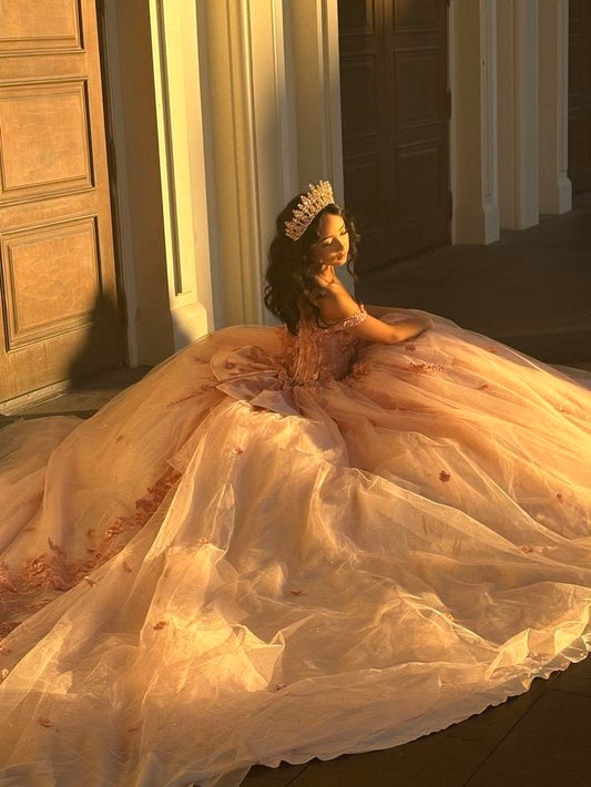 Cute Ball Gown Off The Shoulder Pink Tulle With Flowers Appliqued Long Quince Dress Quinceanera Dresses Formal Birthday Outfits RB8210