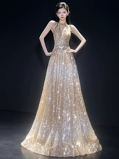 Princess A line Halter Gold Sequins Long Prom Dress Fashion Aesthetic For Teens Formal Dresses Party Outfits Prom Gown AB2218