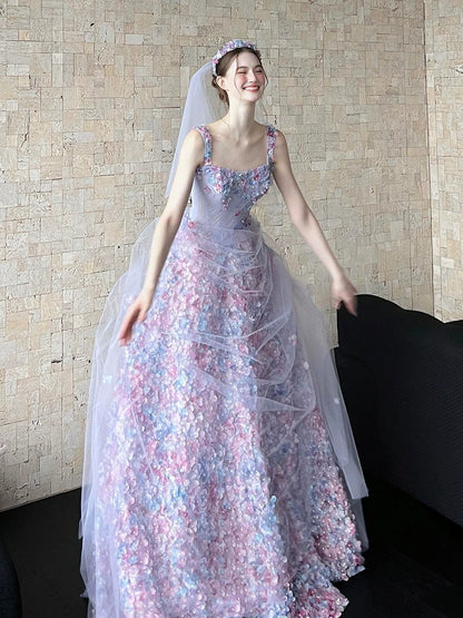 Robe de bal princesse à col carré, dentelle lilas à motifs floraux, longue, style tendance pour adolescentes, robe de soirée, tenue de bal AB2222